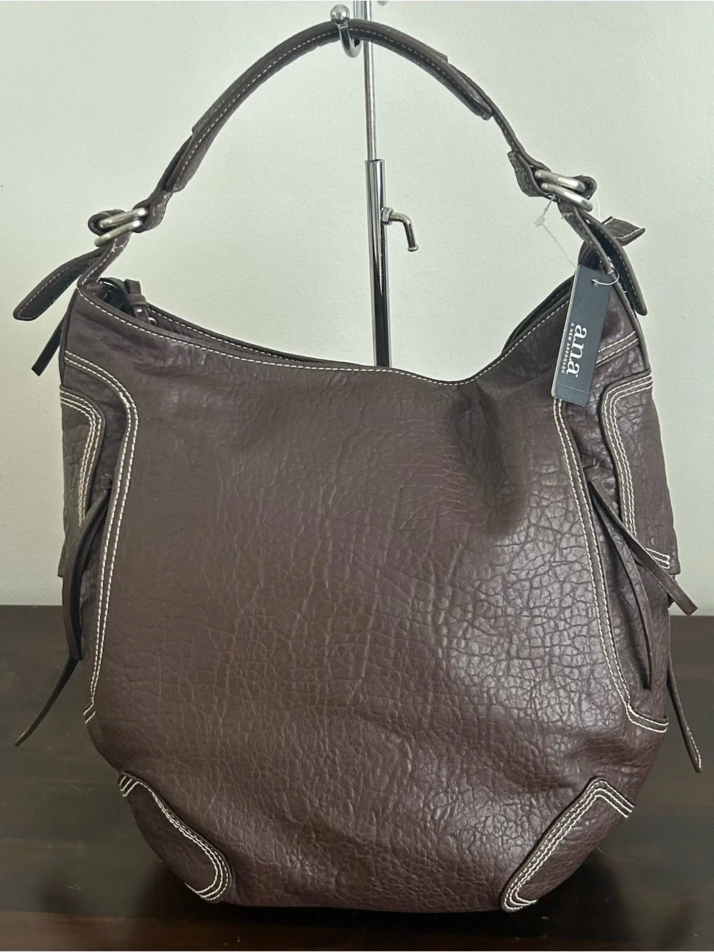 a.n.a. Brown Faux Leather Hobo Shoulder Bag Contrast Stitching Tassel NWT